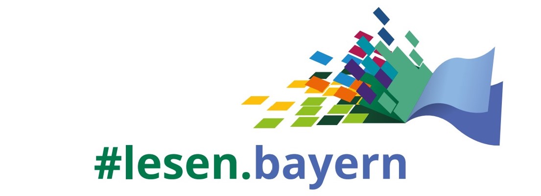 Zu sehen ist "#lesen.bayern" und ein Buch, dessen Seiten in bunten Farben gezeigt sind und sich teils auflösen.