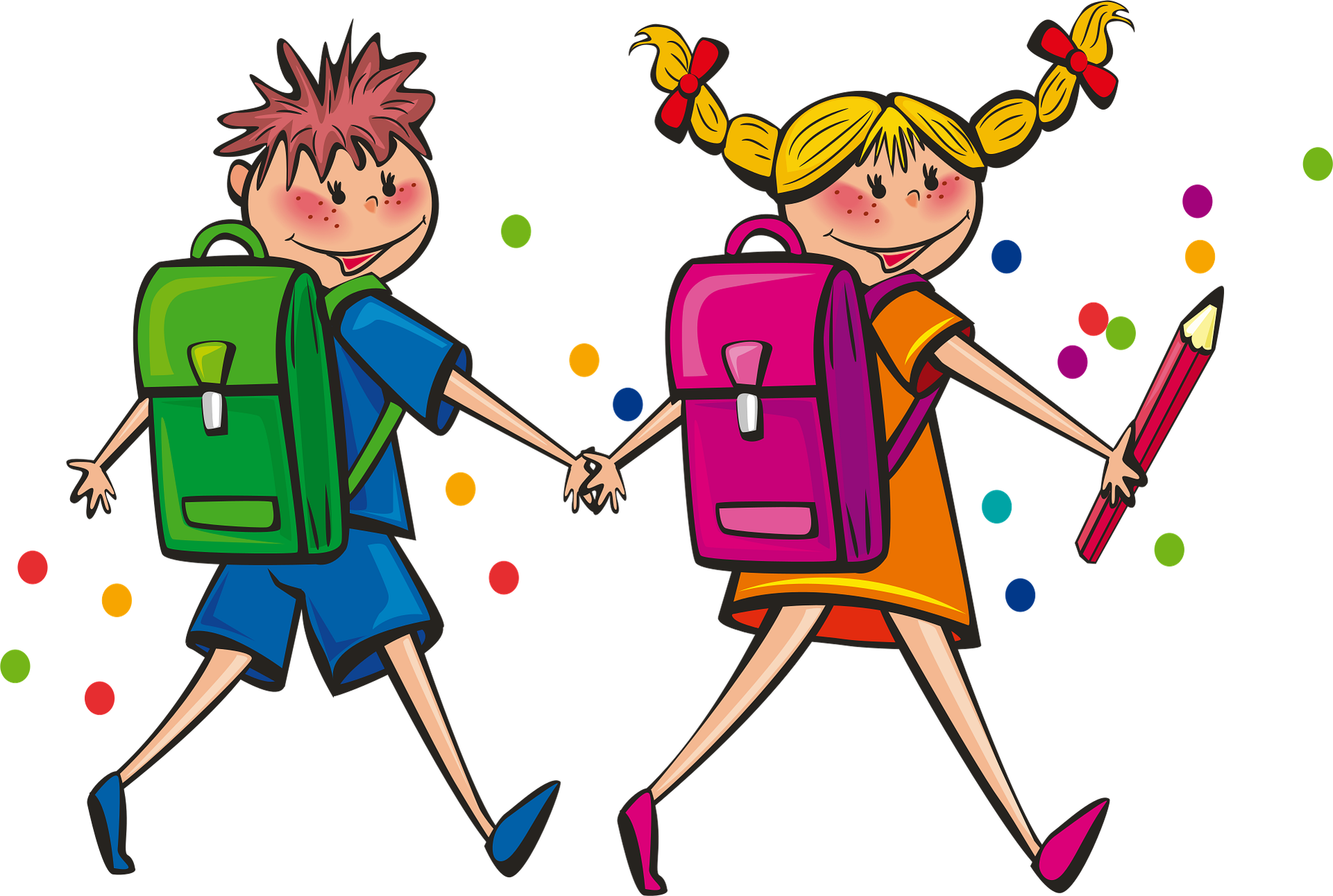 Zu sehen ist eine Grafik mit einem Jungen und einem M&auml;dchen, die Schultaschen tragen und fr&ouml;hlich Hand in Hand gehen