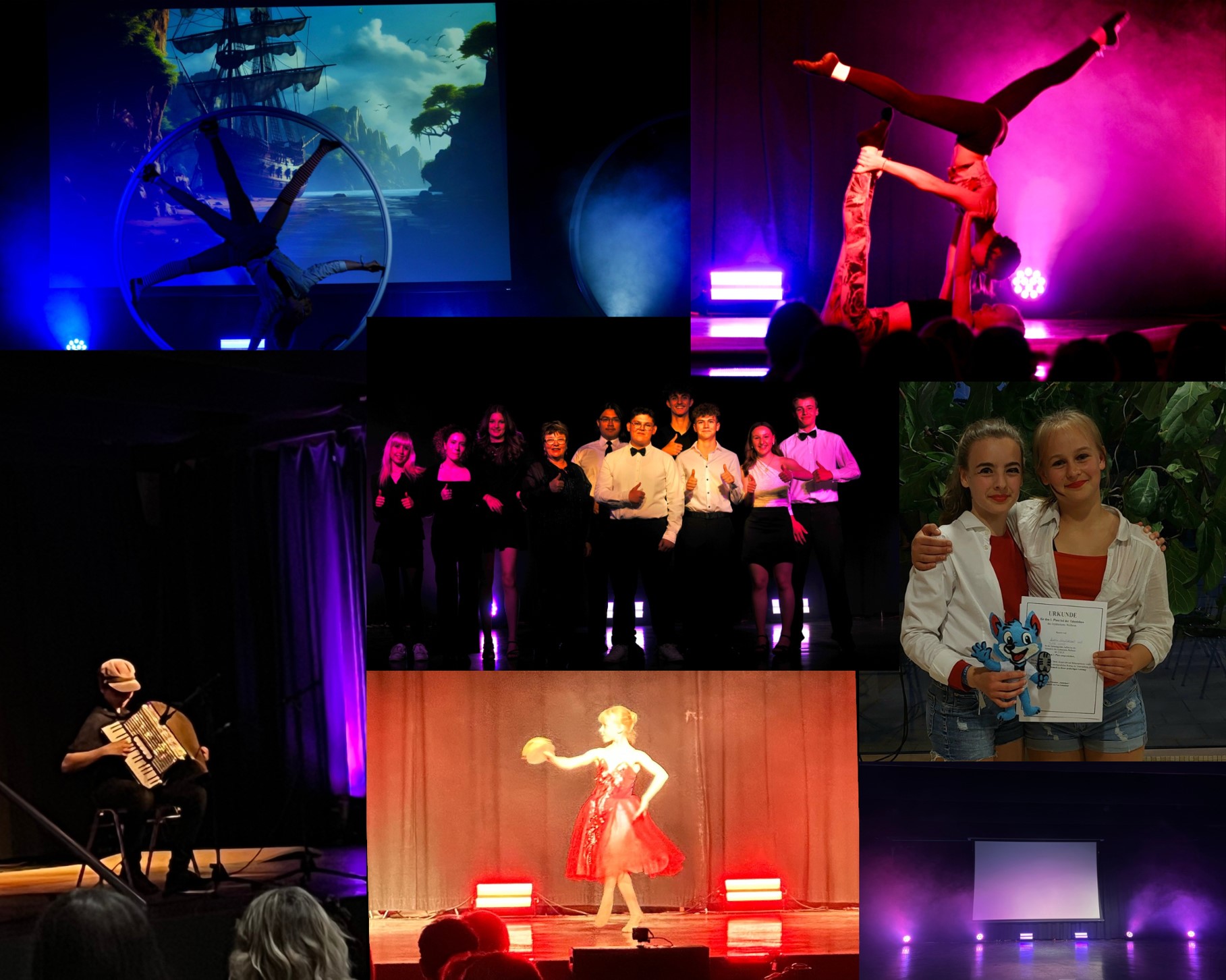 Zu sehen ist eine Collage verschiedener Bilder von Schülerinnen und Schülern, die auf der Bühne der Talentshow stehen.