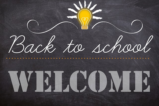 Zu sehen ist eine Schultafel auf der mit Kreide der Text „Back to School Welcome“ zu lesen ist
