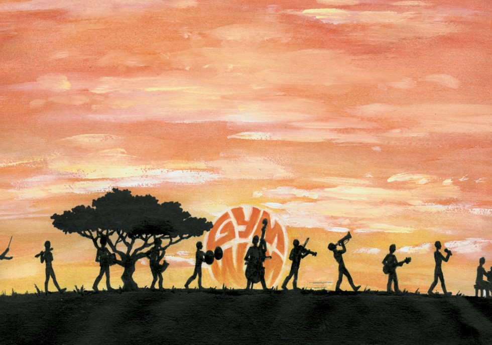 Vor einem leuchtend roten und gelben Sonnenuntergang ziehen Musikerinnen und Musiker in schwarzer Silhouette mit ihren Instrumenten von links nach rechts über das Bild. In der Mitte ist das Logo der Schule platziert.