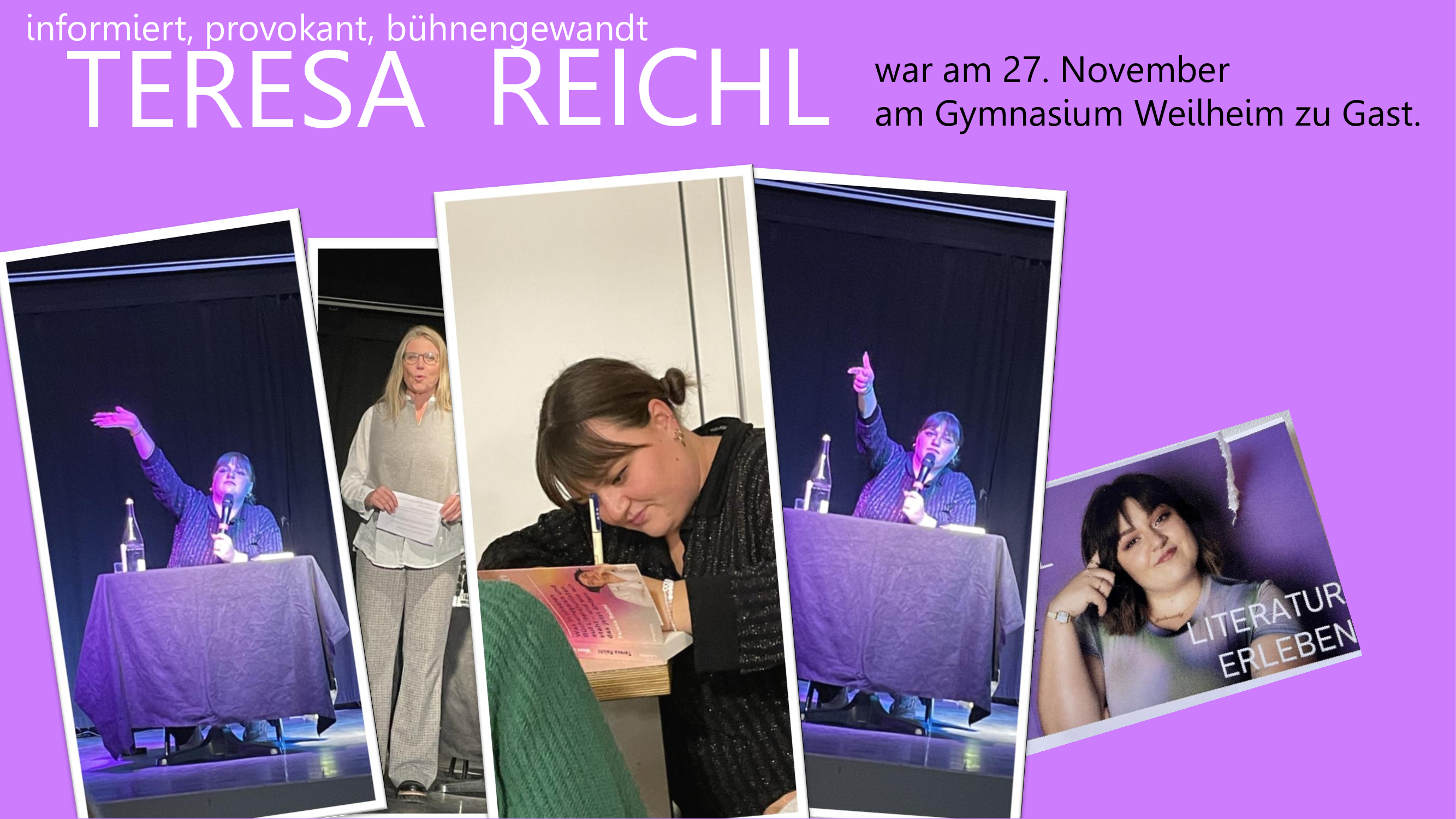 Zu sehen ist eine Collage aus Eindrücken der LesungPortrait der Kabarettistin Teresa Reichl