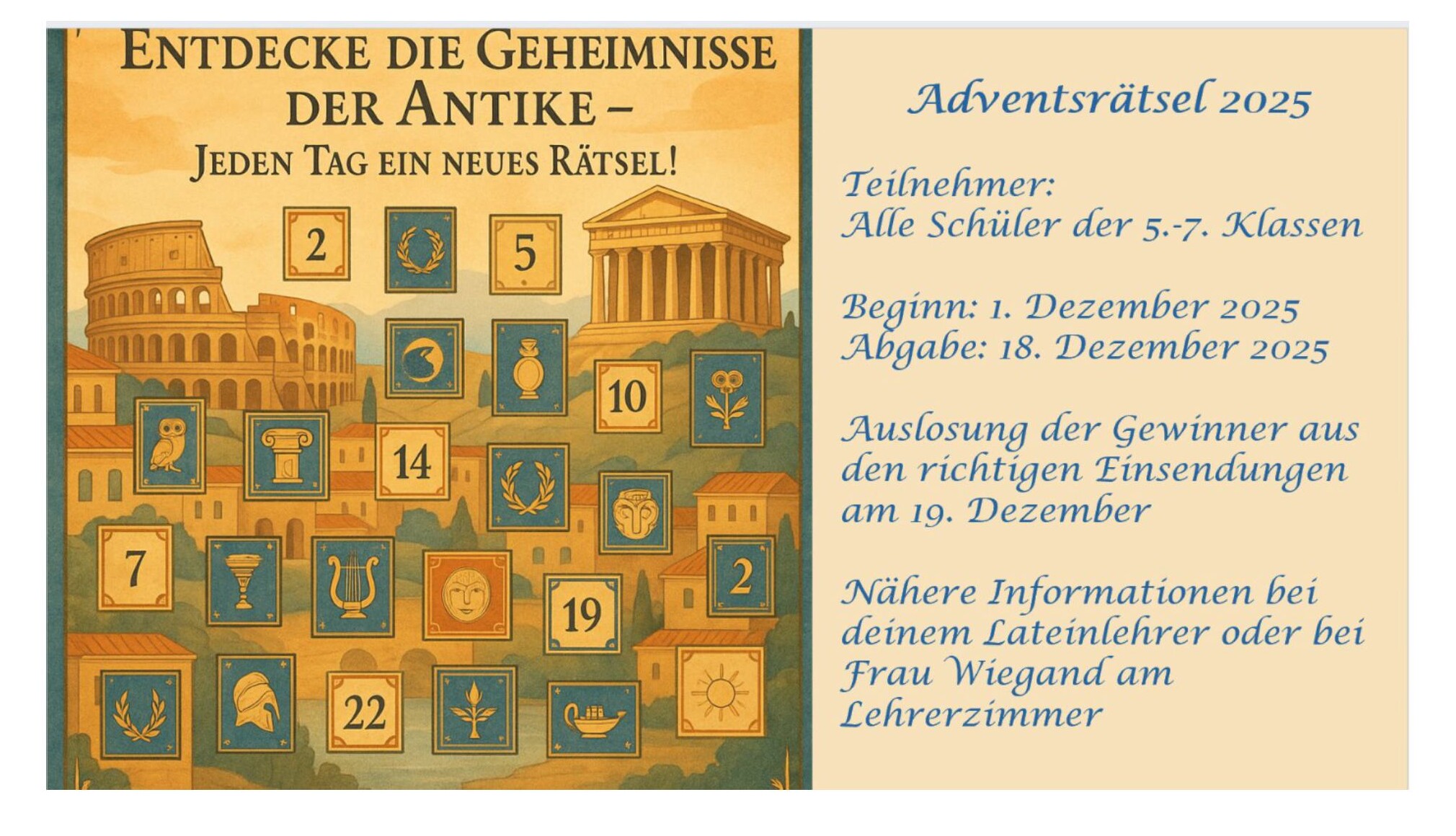 Das Bild zeigt eine Collage aus antiken Gebäuden und Adventstürchen