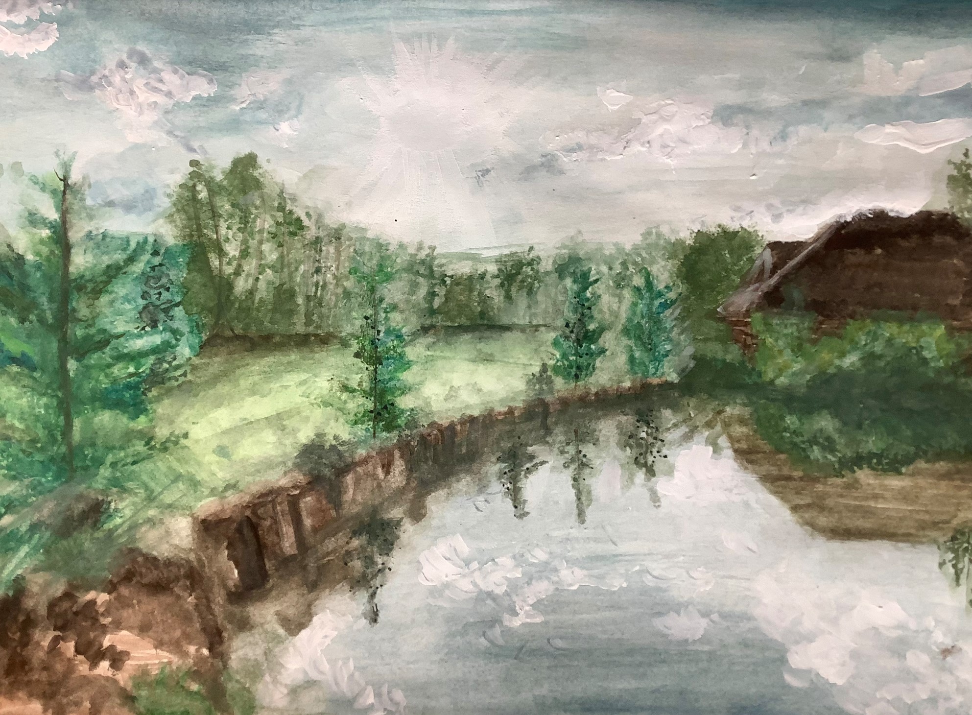 Zu sehen ist ein Bild der Ammer in Weilheim, gemalt von einer Schülerin.