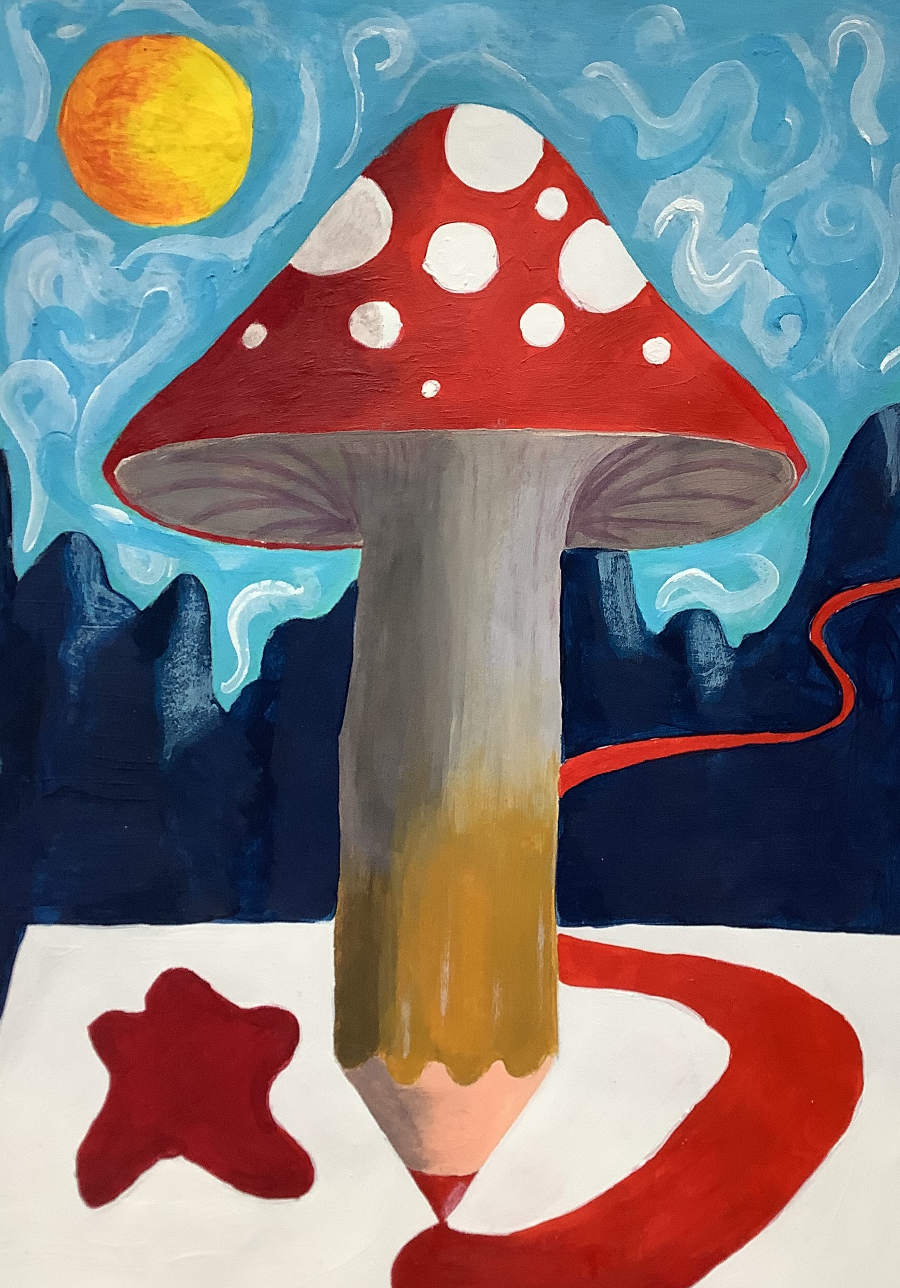 Zu sehen ist ein surreal anmutendes Bild, im Zentrum ein Fliegenpilz, der sich in einen Stift verwandelt.